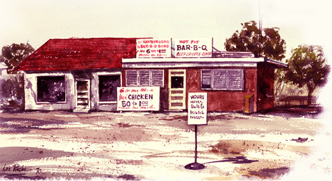 Watercolor painting of Bill Miller Bar-B-Q restaurant