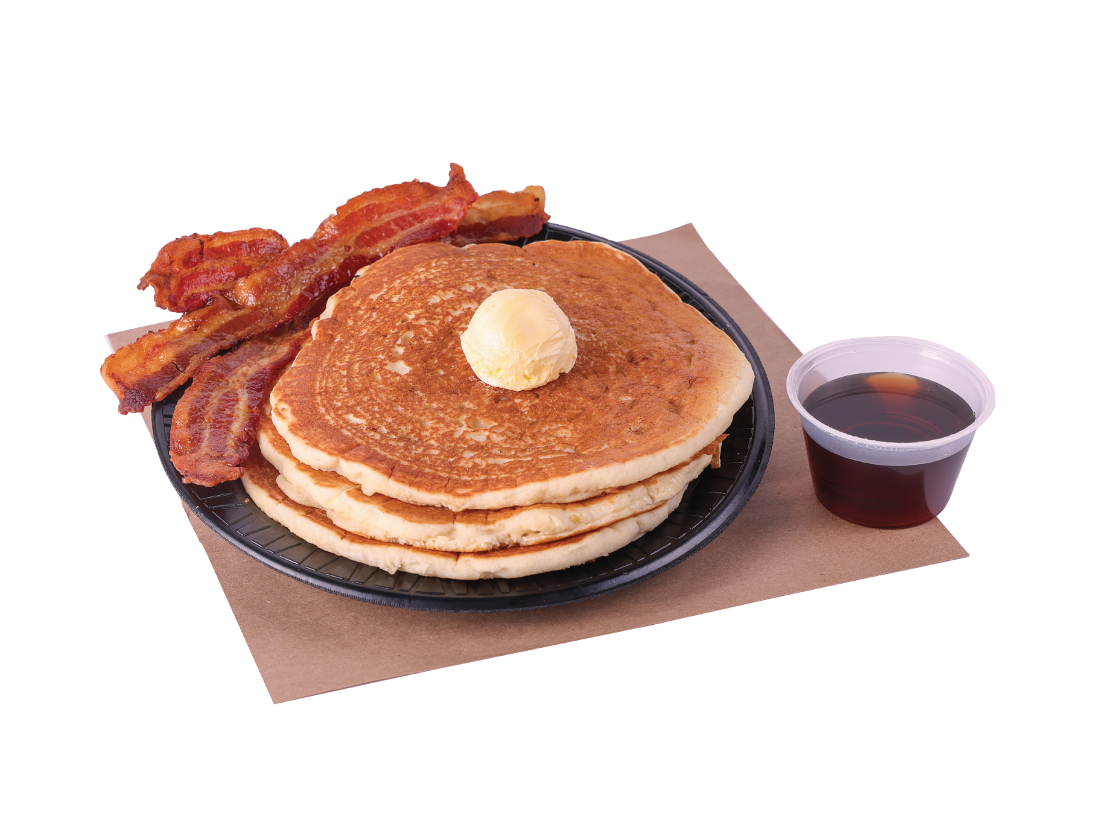 Order of three griddle cakes with bacon, butter, and syrup