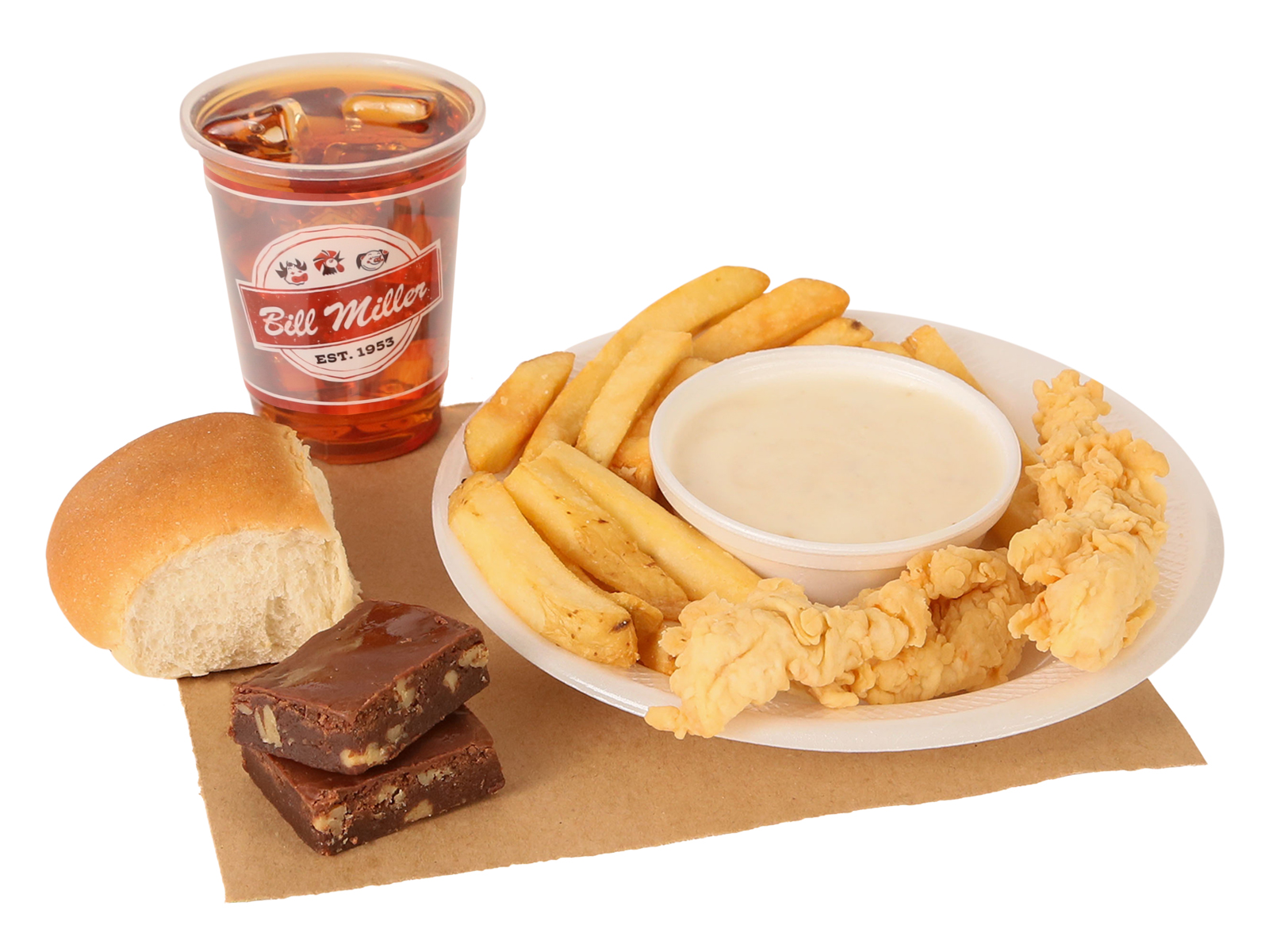 Buckaroos 2pc. Fried Chicken Tenders served with french fries, small tea, & 2 brownies