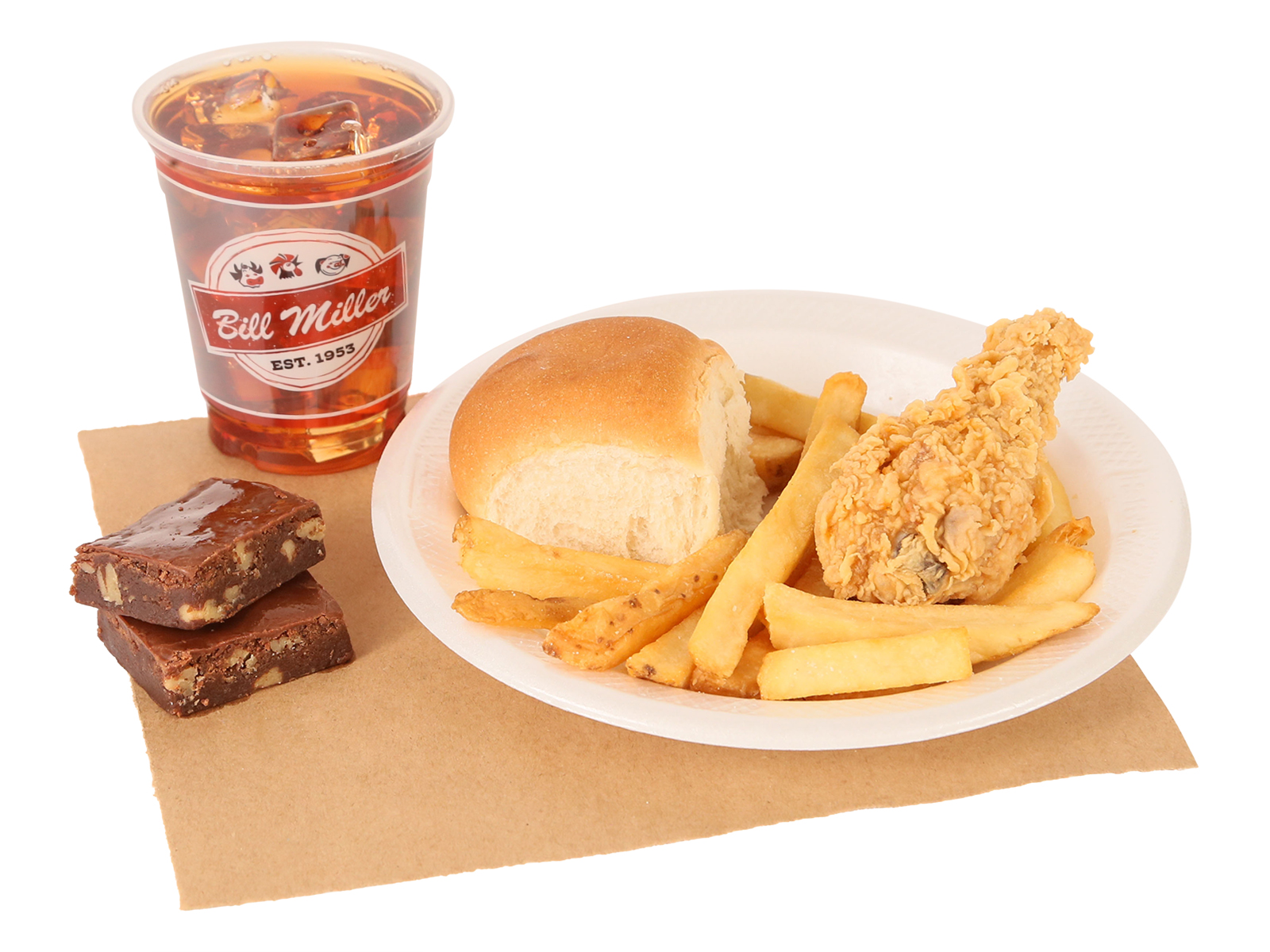 Buckaroos 1pc. Fried Chicken Leg served with french fries, small tea, & 2 brownies