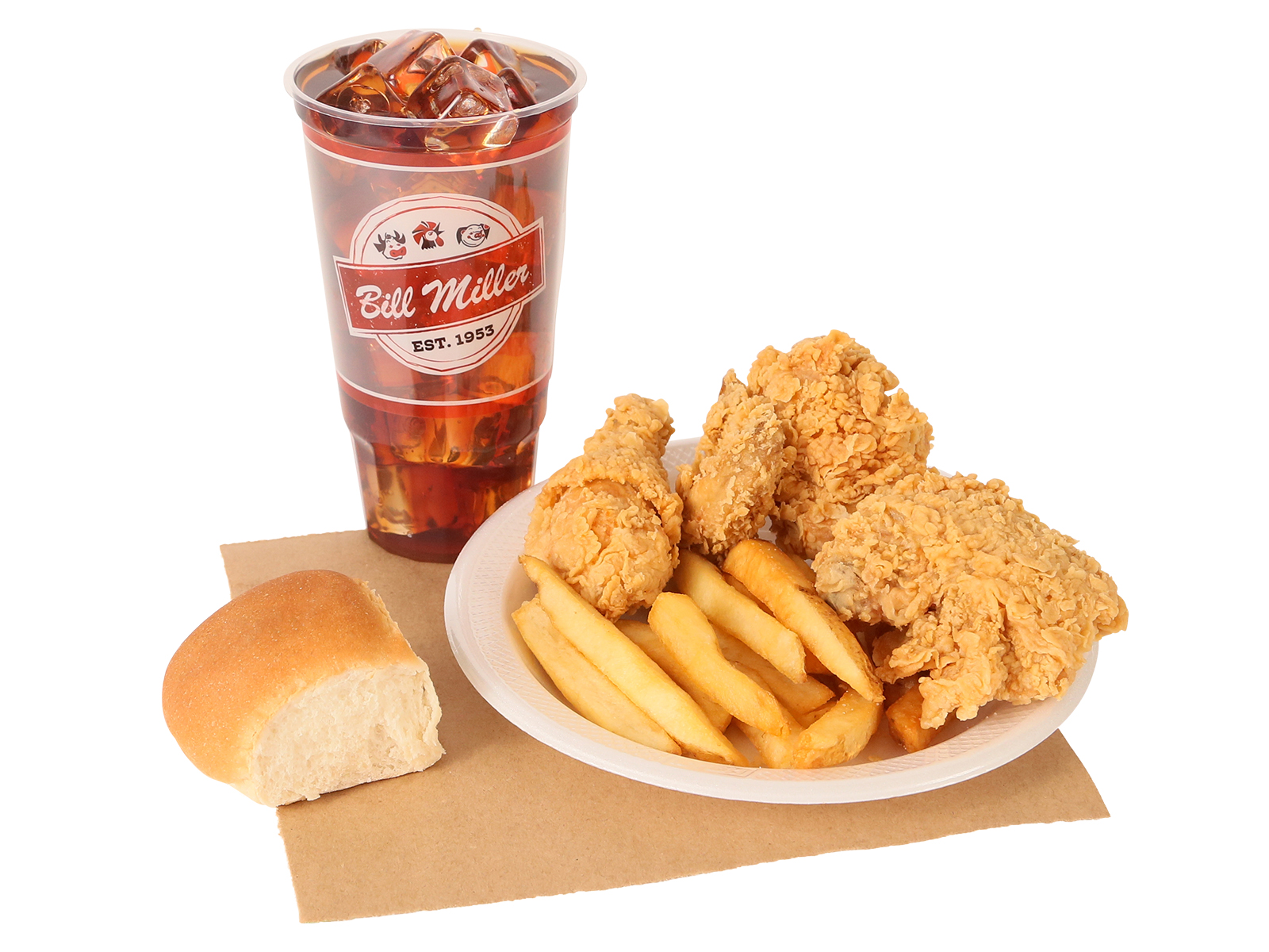 3 PC. fried chicken served with french fries, dinner roll & large tea