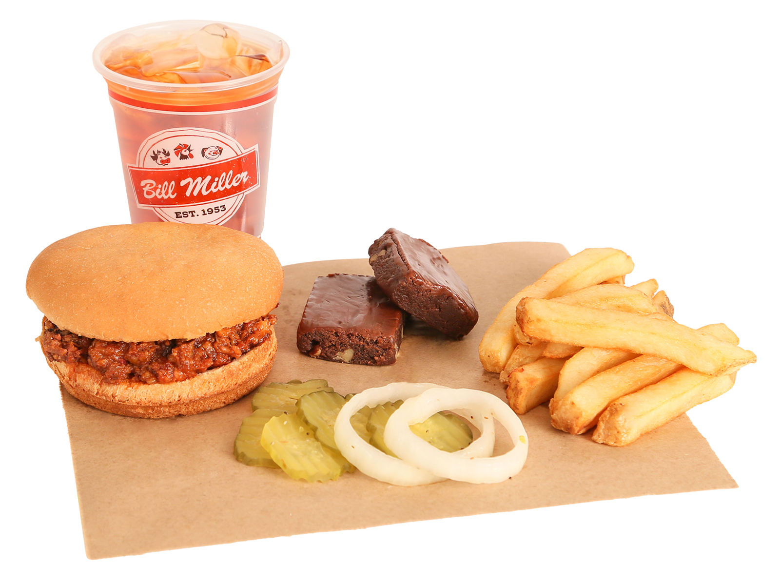 Buckaroos Chopped BBQ Sandwich served with french fries, small tea, & 2 brownies