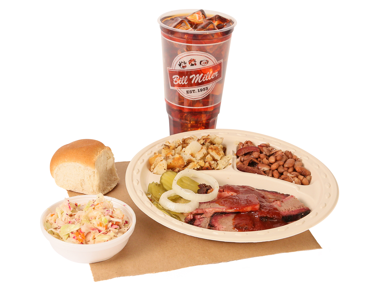 Regular plate served with brisket, pinto beans, hashbrowns, coleslaw, dinner roll, BBQ sauce, pickles, onions, & large tea