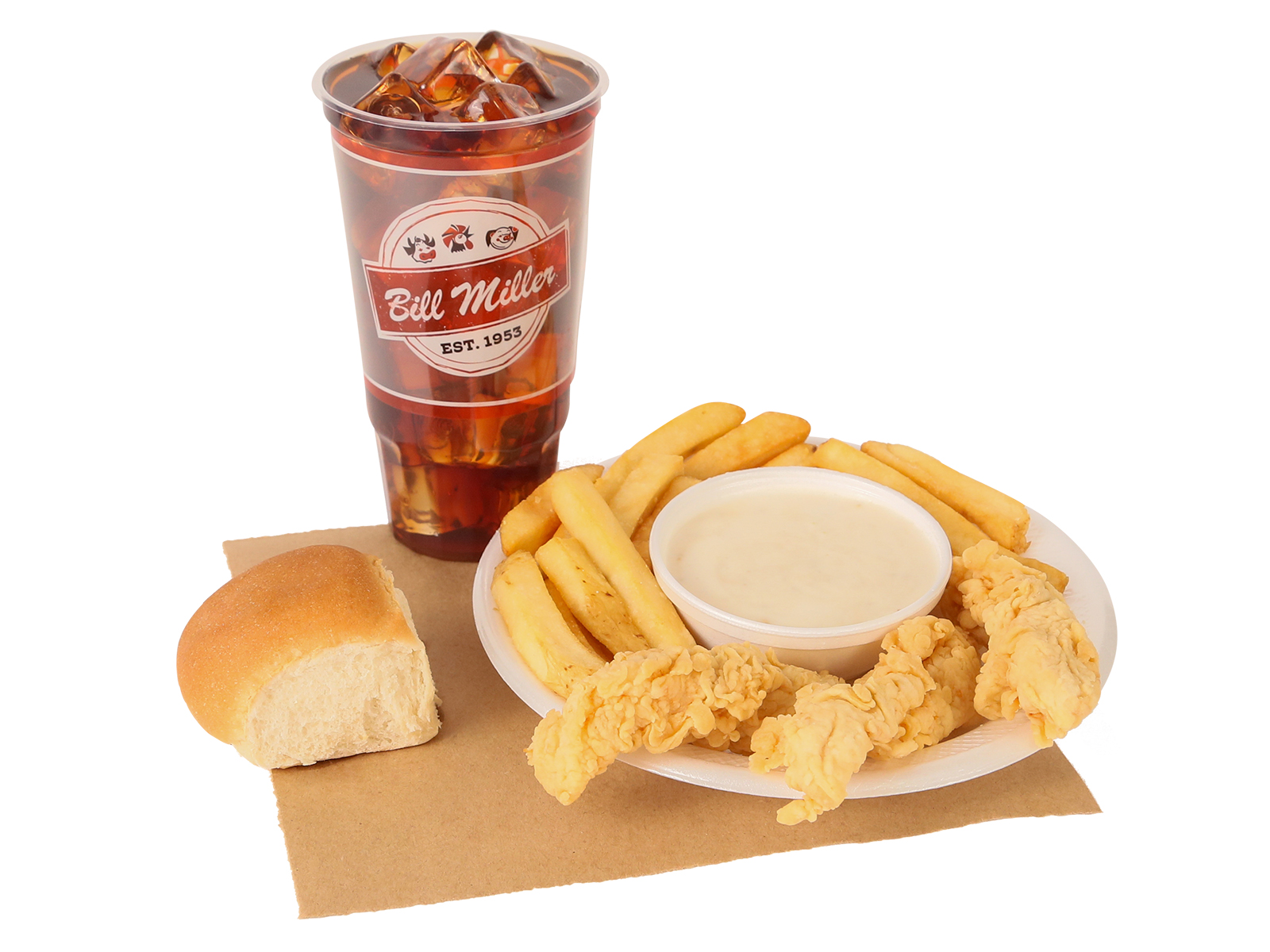 3 PC. Fried Chicken Tenders served with french fries, gravy, dinner roll, & large tea