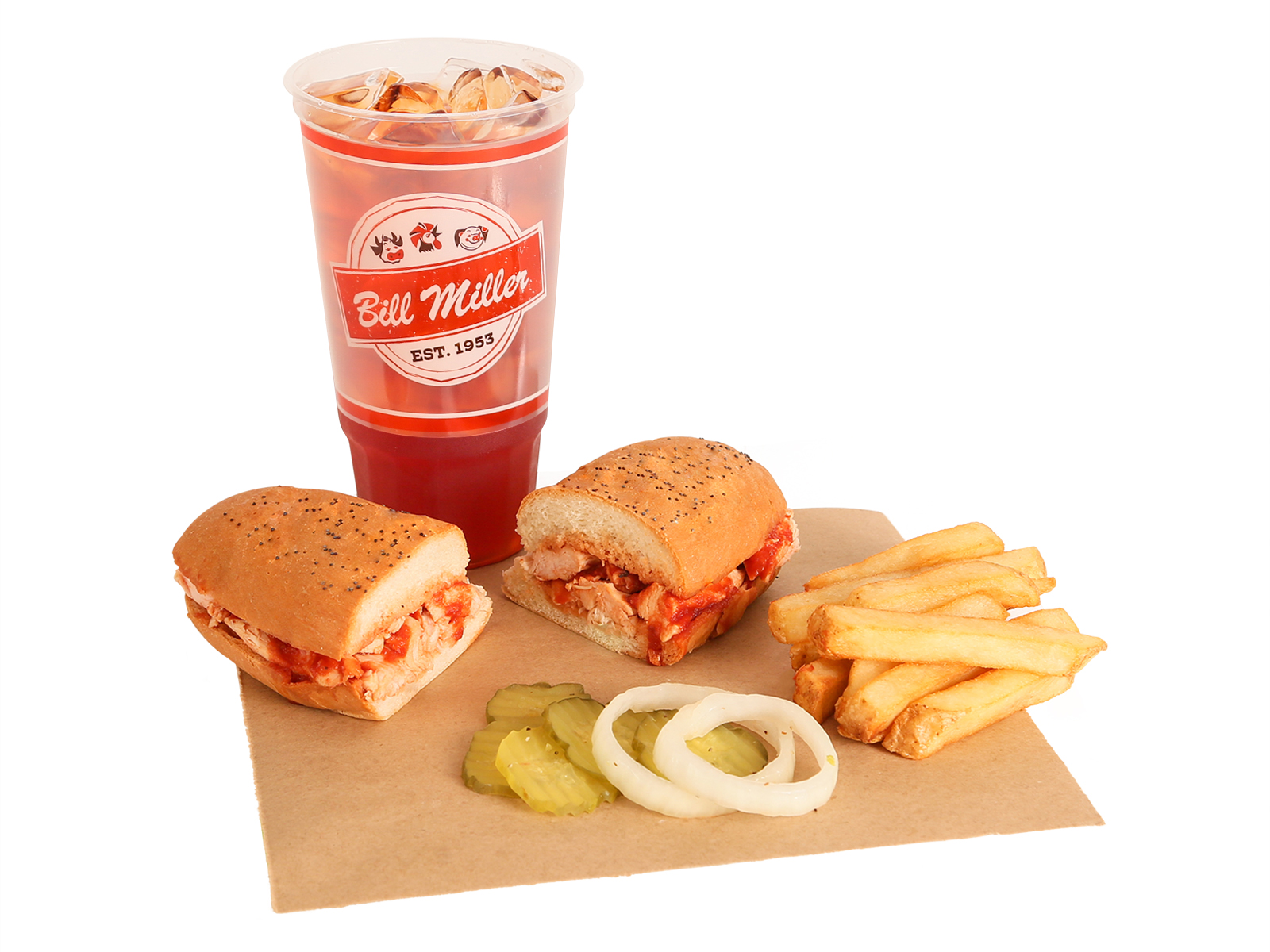 Bar-B-Q Chicken Sandwich served with french fries, BBQ sauce, pickles, onions, & large tea