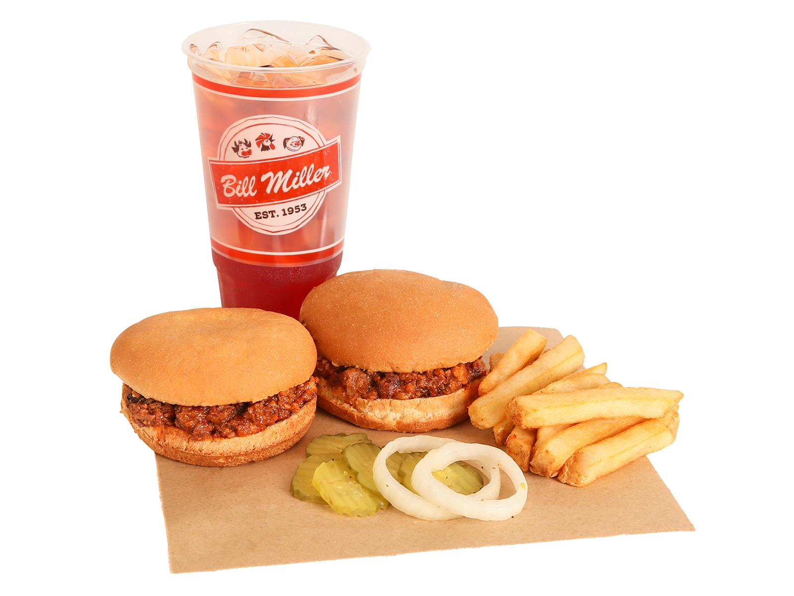 Two Chopped BBQ Sandwiches served with french fries, pickles, onions, & large tea