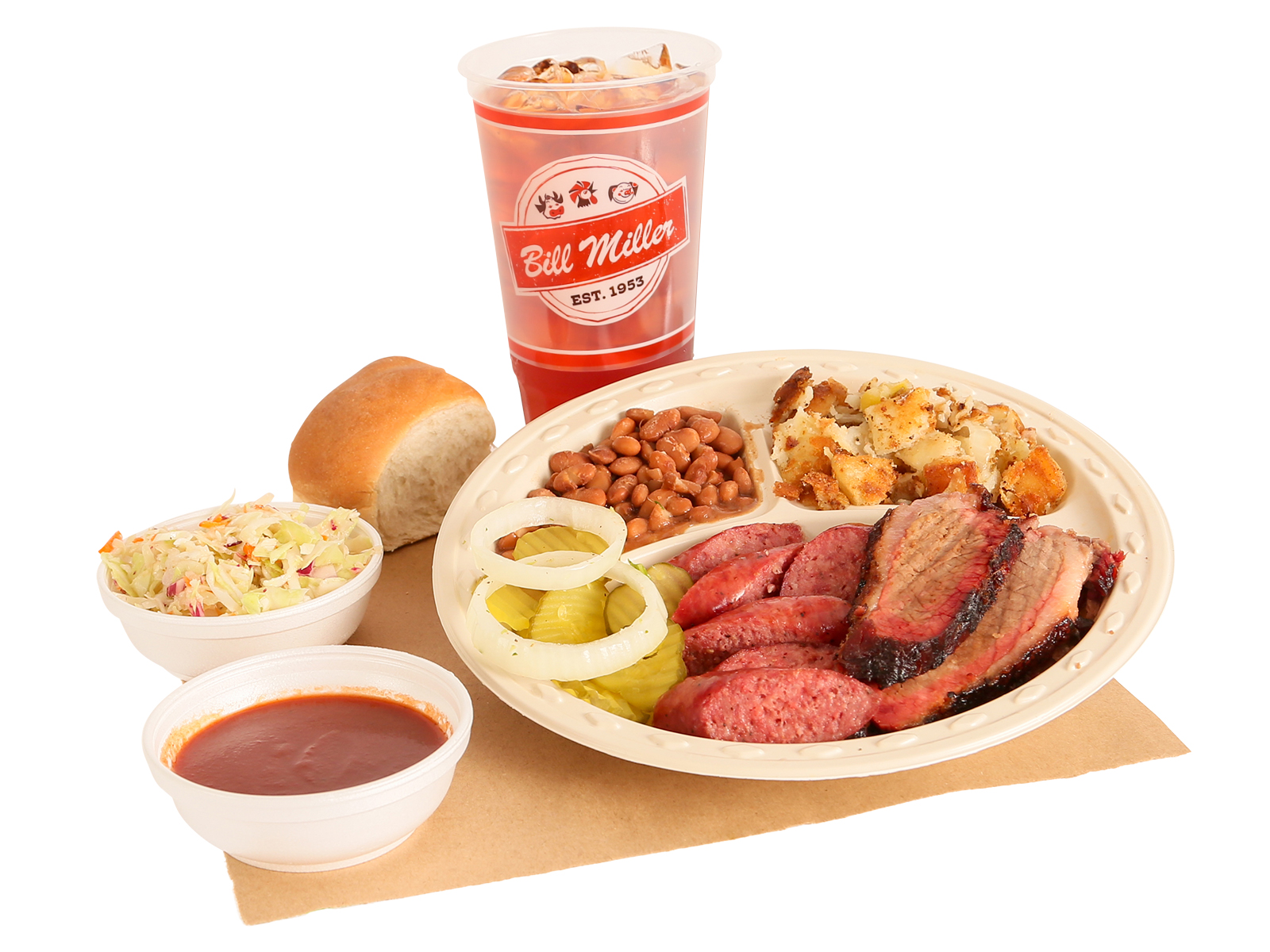 Rancher Plate served with brisket, sausage, pinto beans, hashbrowns, coleslaw, dinner roll, BBQ sauce, pickles, onions, & large tea
