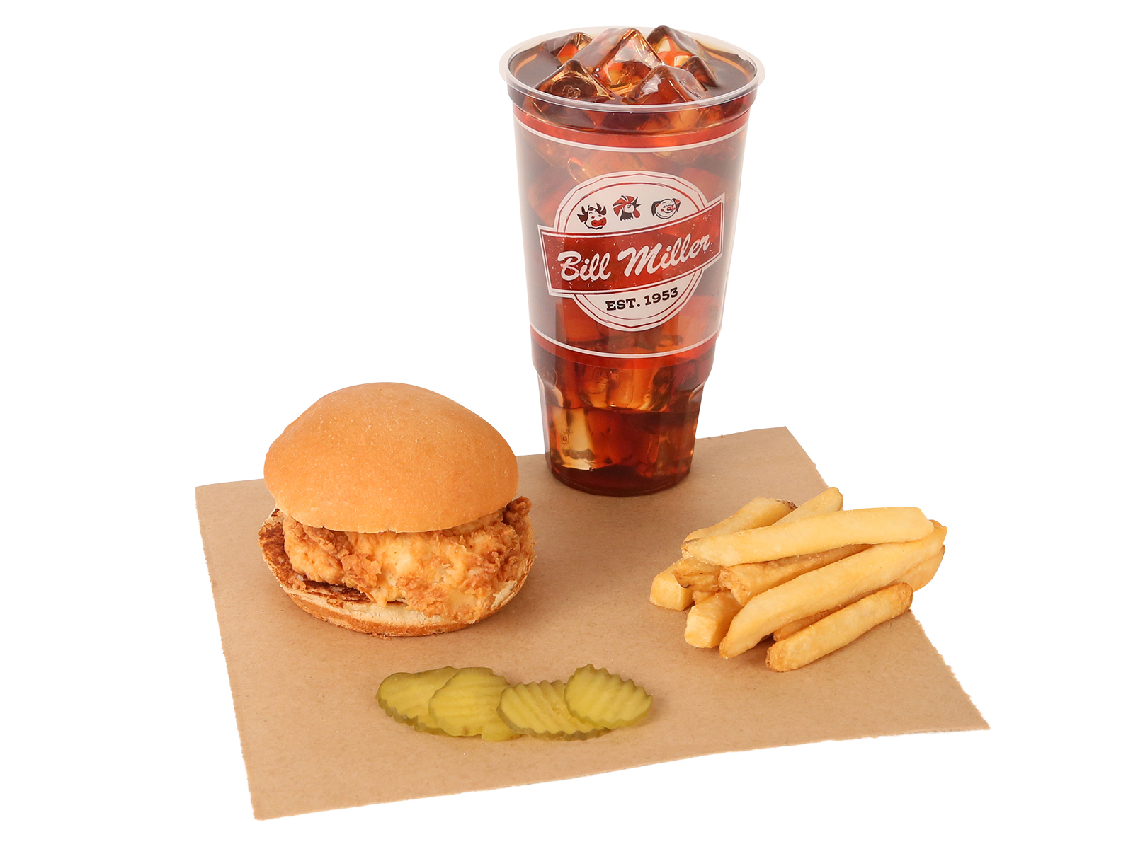Crispy Chicken Sandwich served with french fries, pickles, & large tea