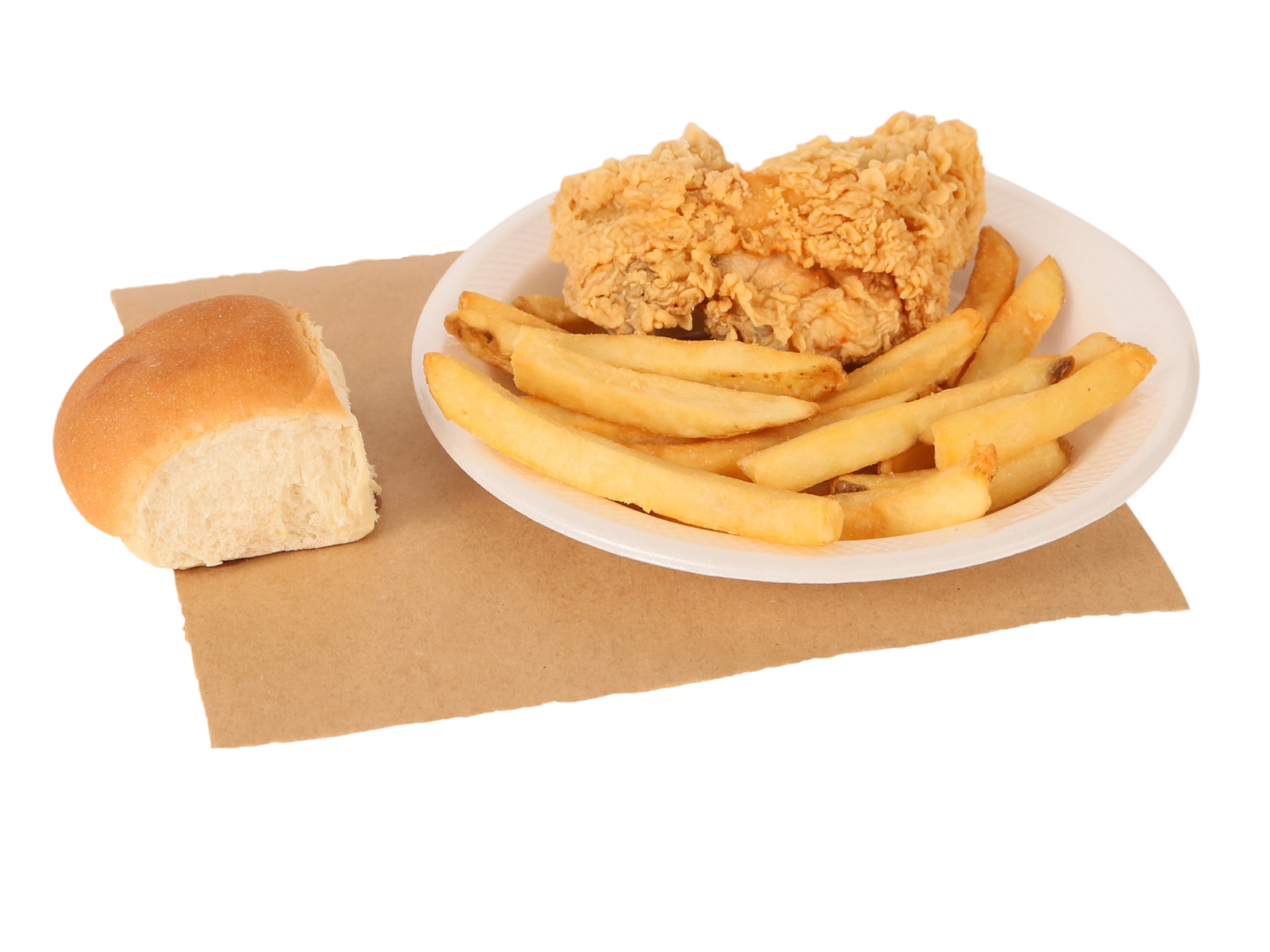 1 PC. Fried Chicken Breast served with french fries & dinner roll