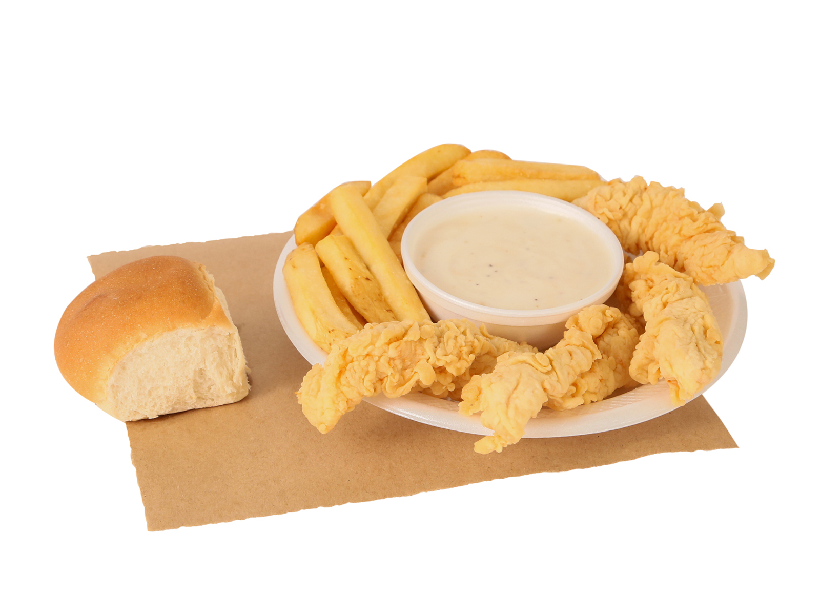 4 PC. chicken breast tenders served with french fries, gravy, & dinner roll