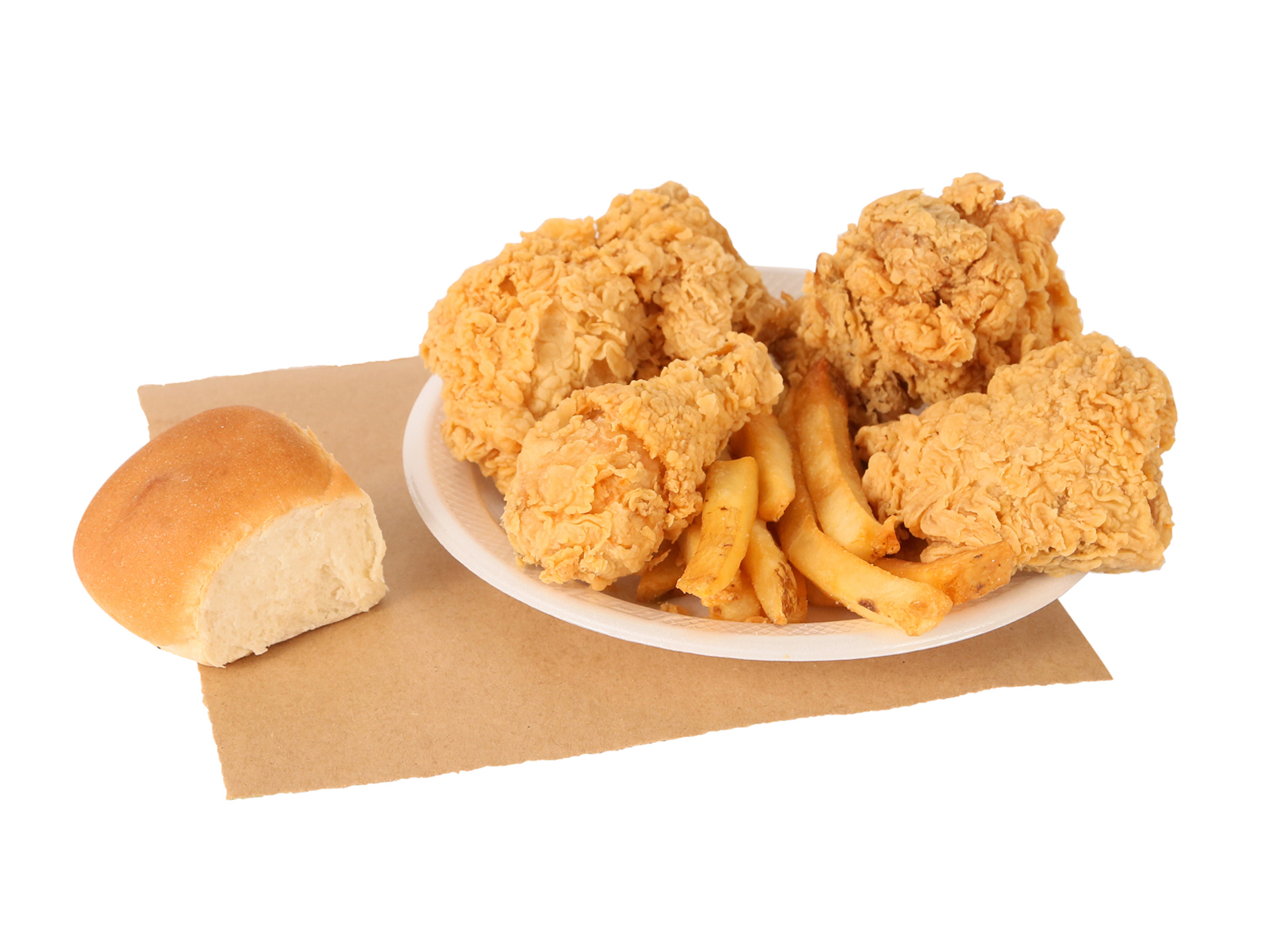 4 PC. fried chicken our choice served with french fries & dinner roll
