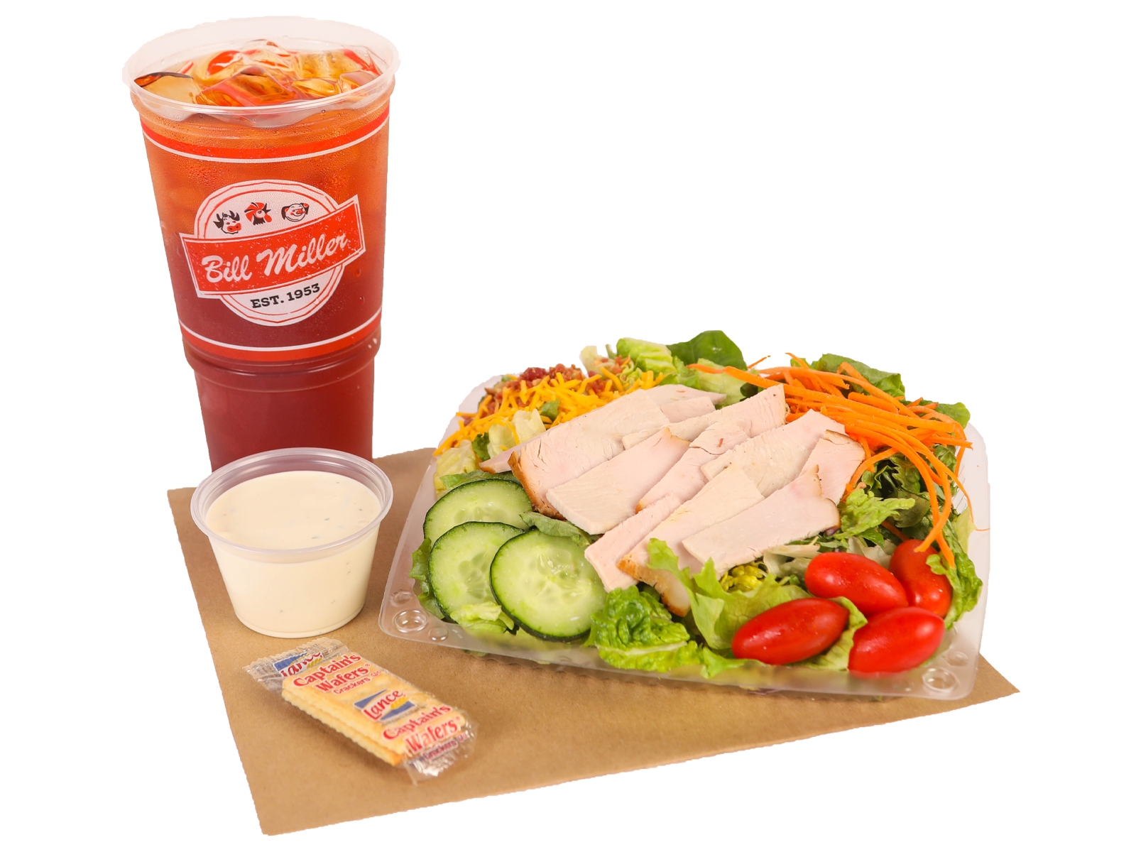 Salad De-Lite with turkey served with cheese, bacon bits, ranch dressing & large tea