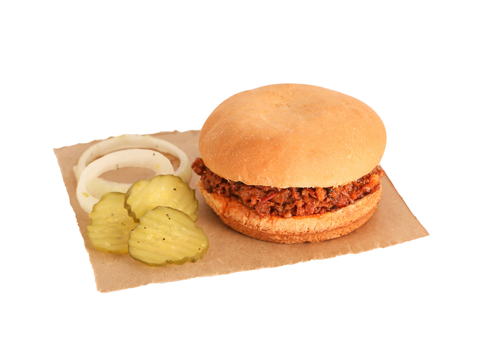 Chopped BBQ sandwich served with pickles & onions