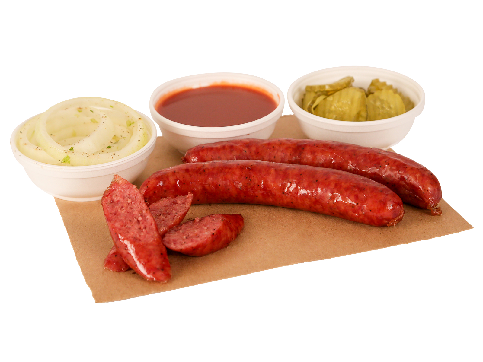 From Our Pit: Sausage Links served with BBQ sauce, pickles, & onions