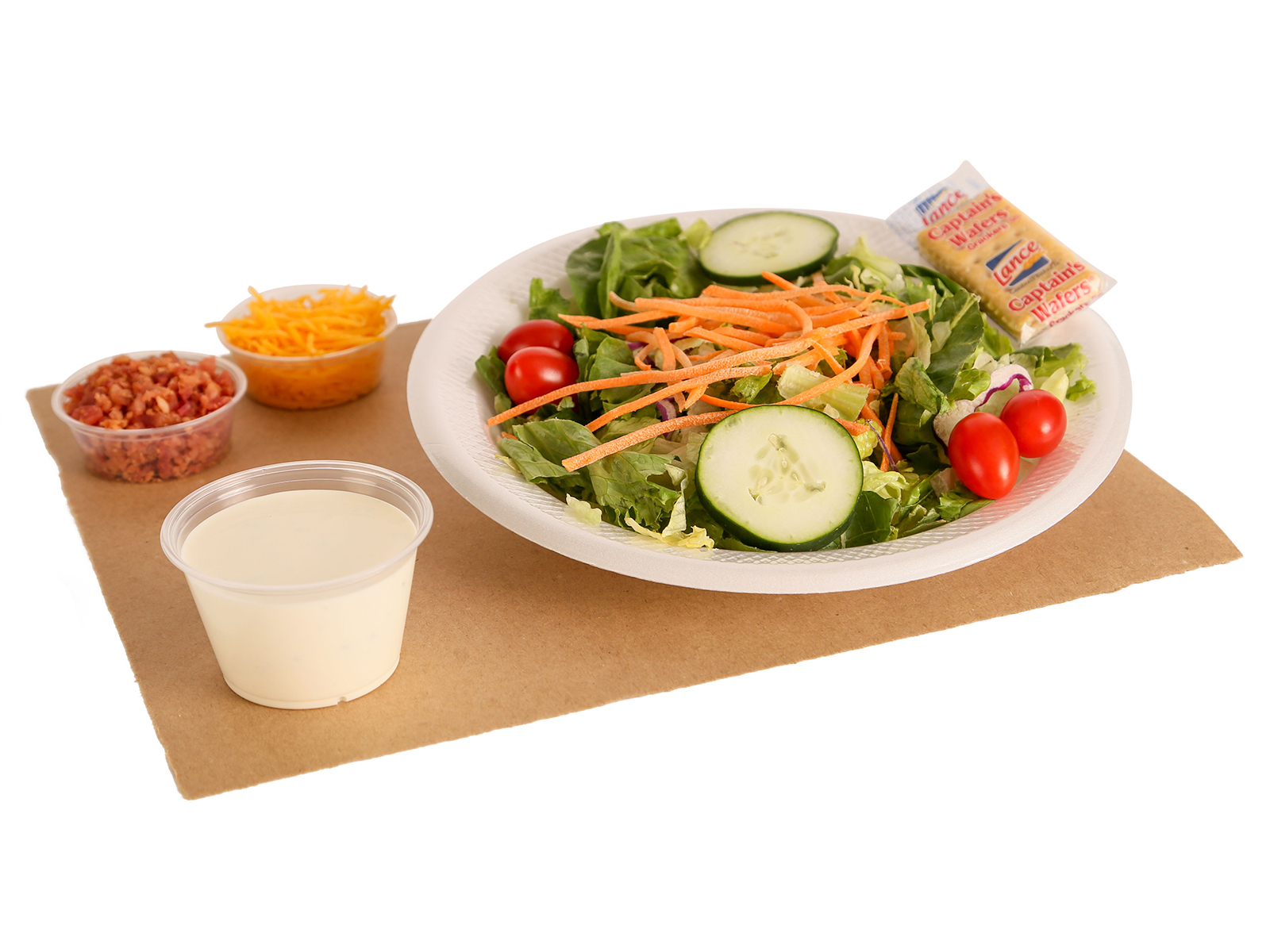 Garden Fresh Salad served with cheese, bacon bits, ranch dressing, & crackers