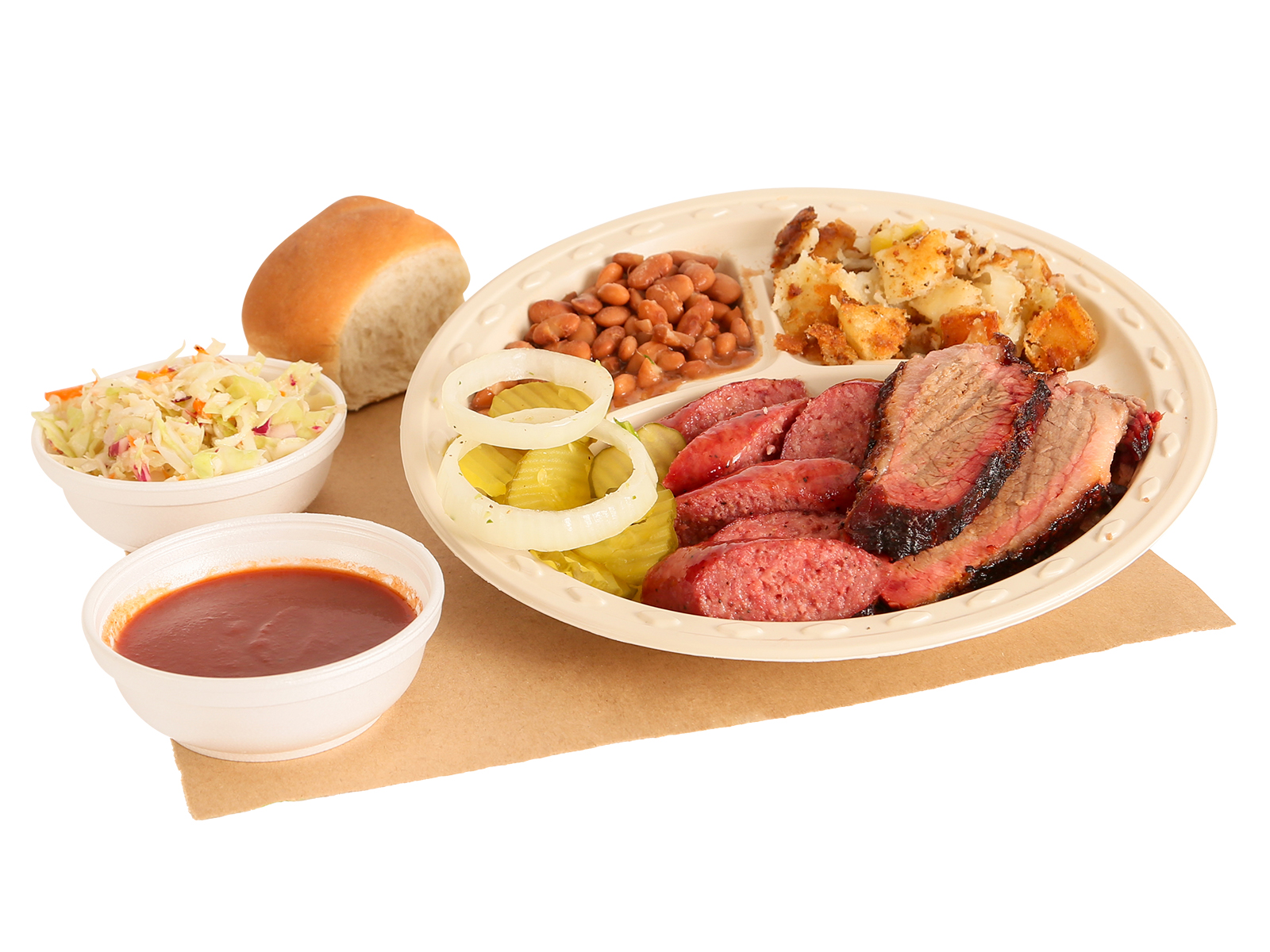 BBQ Rancher Plate served with brisket, sausage, pinto beans, hashbrowns, coleslaw, dinner roll, BBQ sauce, pickles & onions