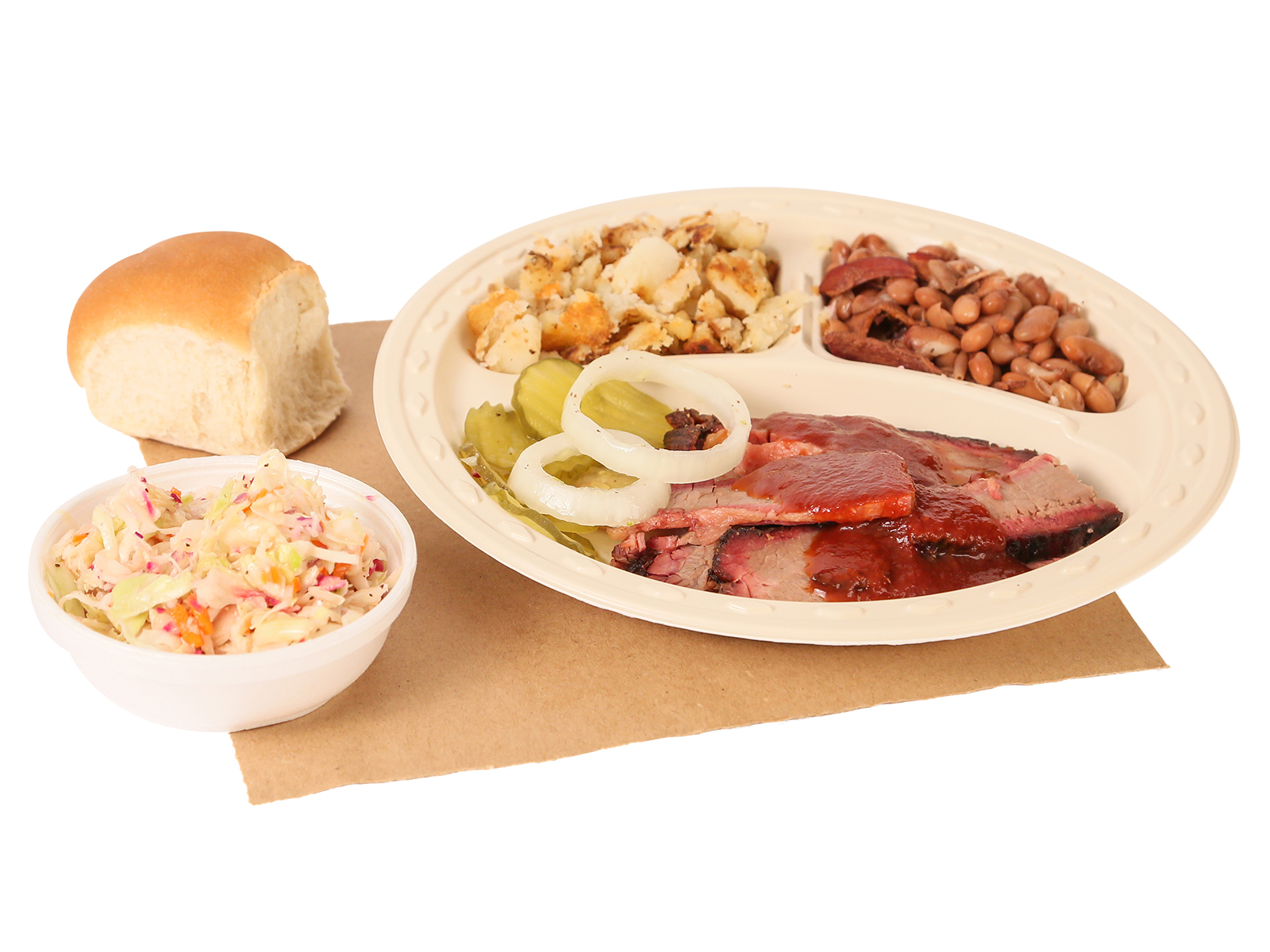 BBQ Regular Plate served with brisket, pinto beans, hashbrowns, coleslaw, dinner roll, BBQ sauce, pickles, & onions
