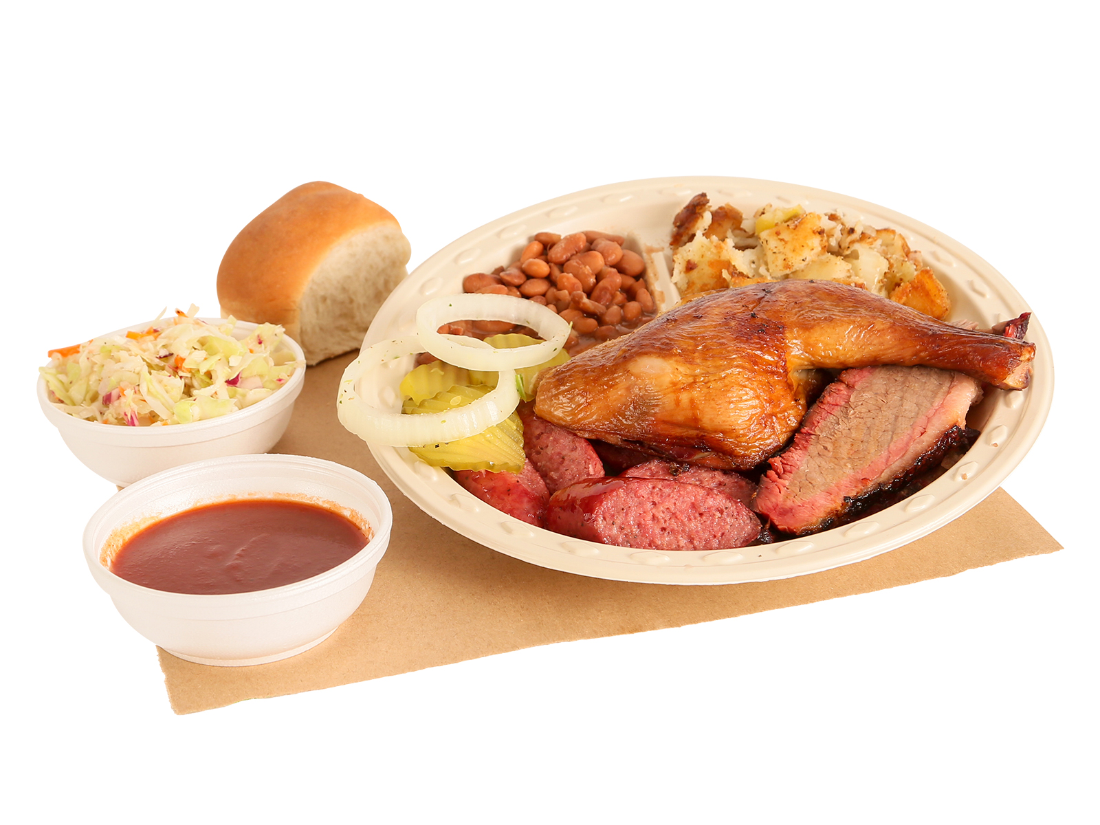 BBQ Rodeo Plate served with brisket, BBQ chicken, sausage, pinto beans, hashbrowns, coleslaw, dinner roll, BBQ sauce, pickles, & onions