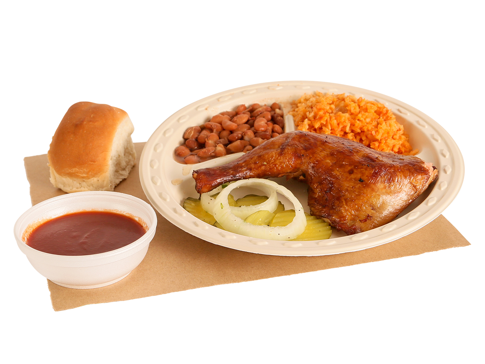 BBQ Wrangler Plate served with BBQ chicken, pinto beans, spanish rice, dinner roll, BBQ sauce, pickles, & onions