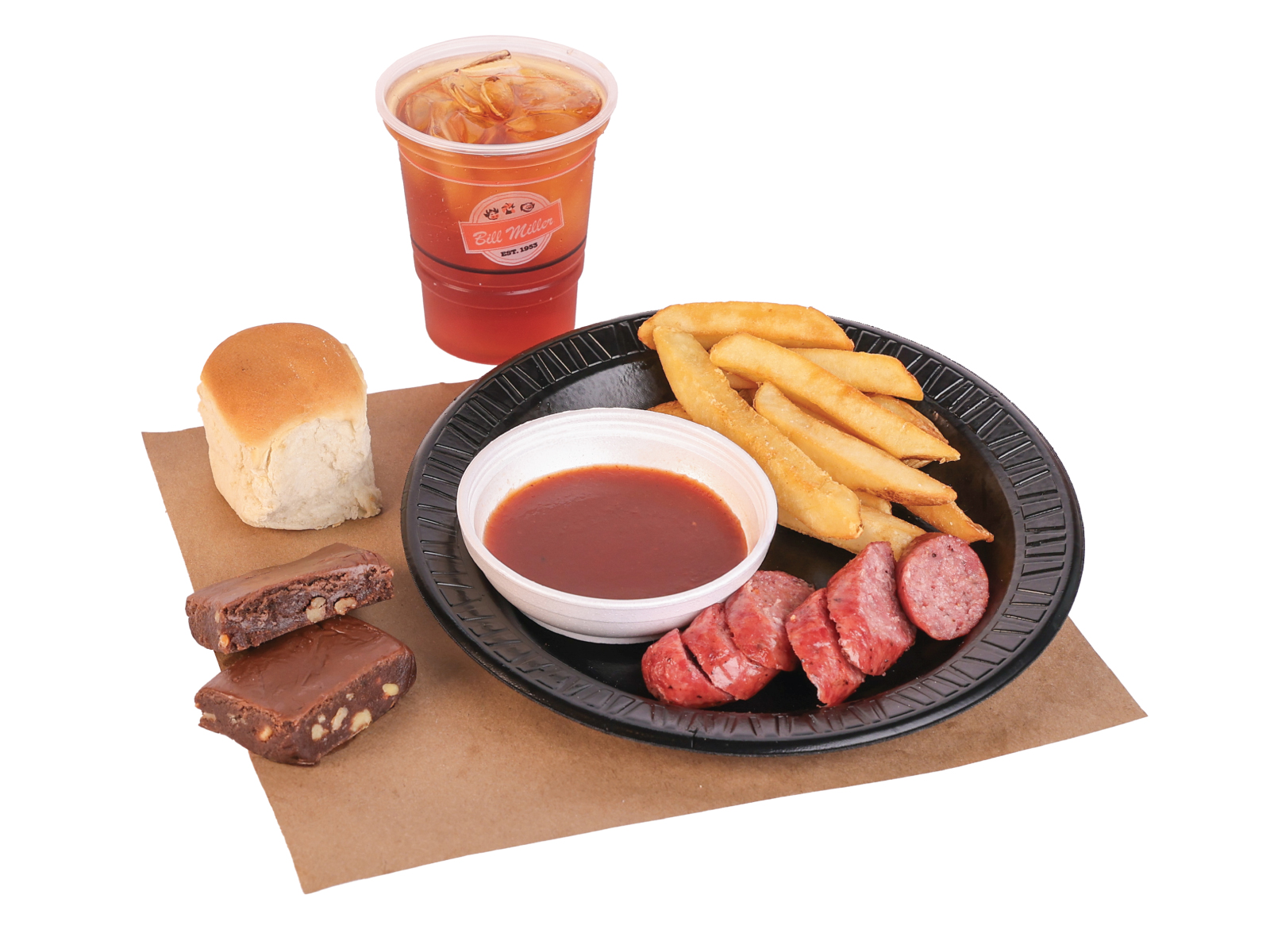 Buckaroo 1/2 Link Sausage served with french fries and a sample bar-b-q sauce on a black plate. A small tea, dinner roll, and portion of brownies is placed beside the plate on brown butcher paper.
