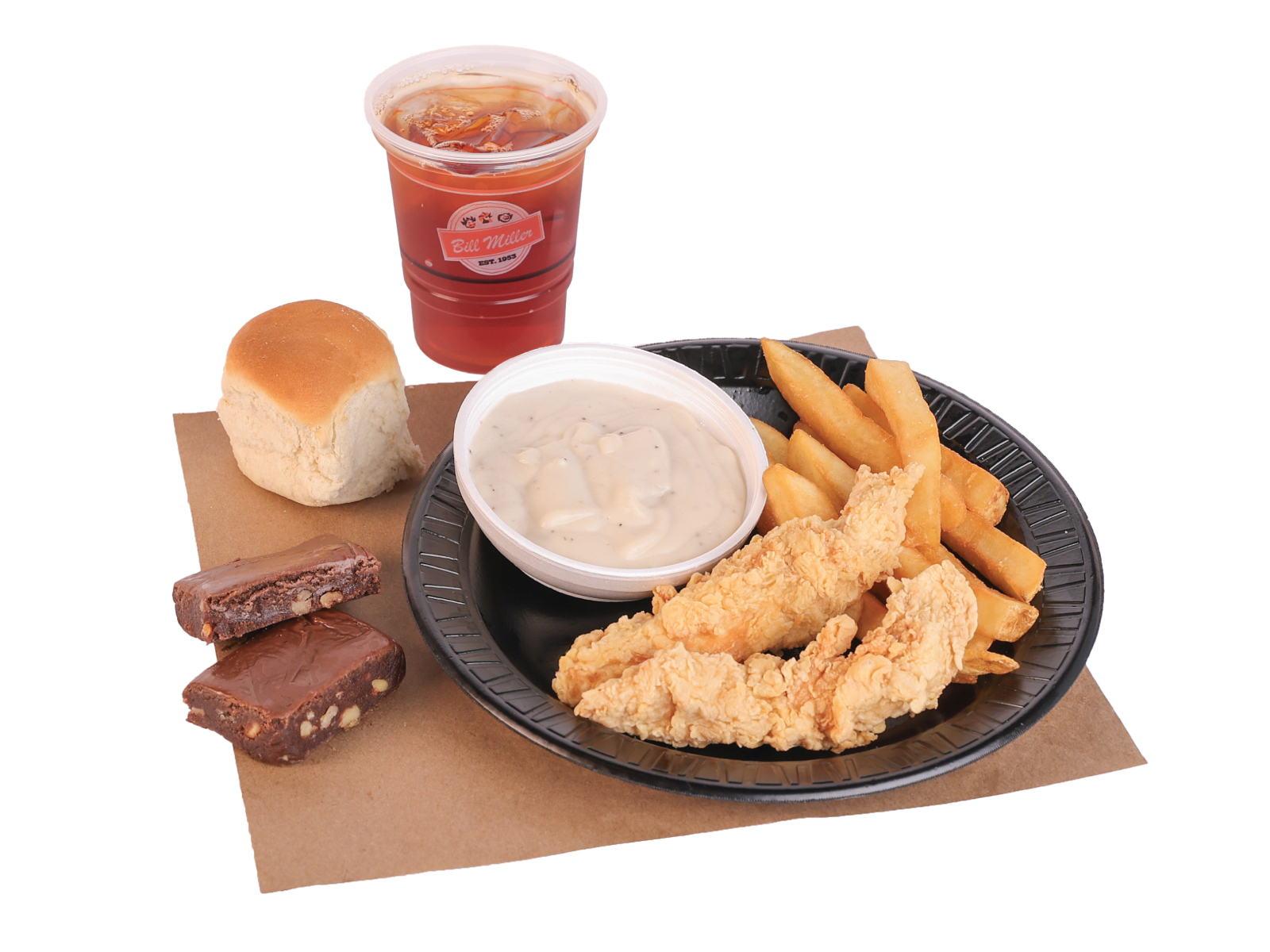 Buckaroo 2 Pc. Chicken Tenders served with french fries and a sample gravy on a black plate. A small tea, dinner roll, and portion of brownies are placed beside the plate on brown butcher paper.
