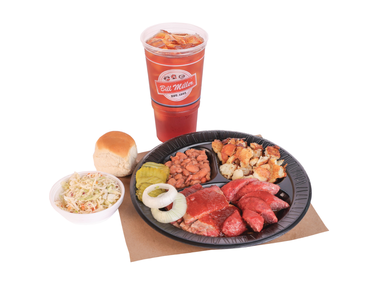 Rancher plate with 3 sides and an iced tea.