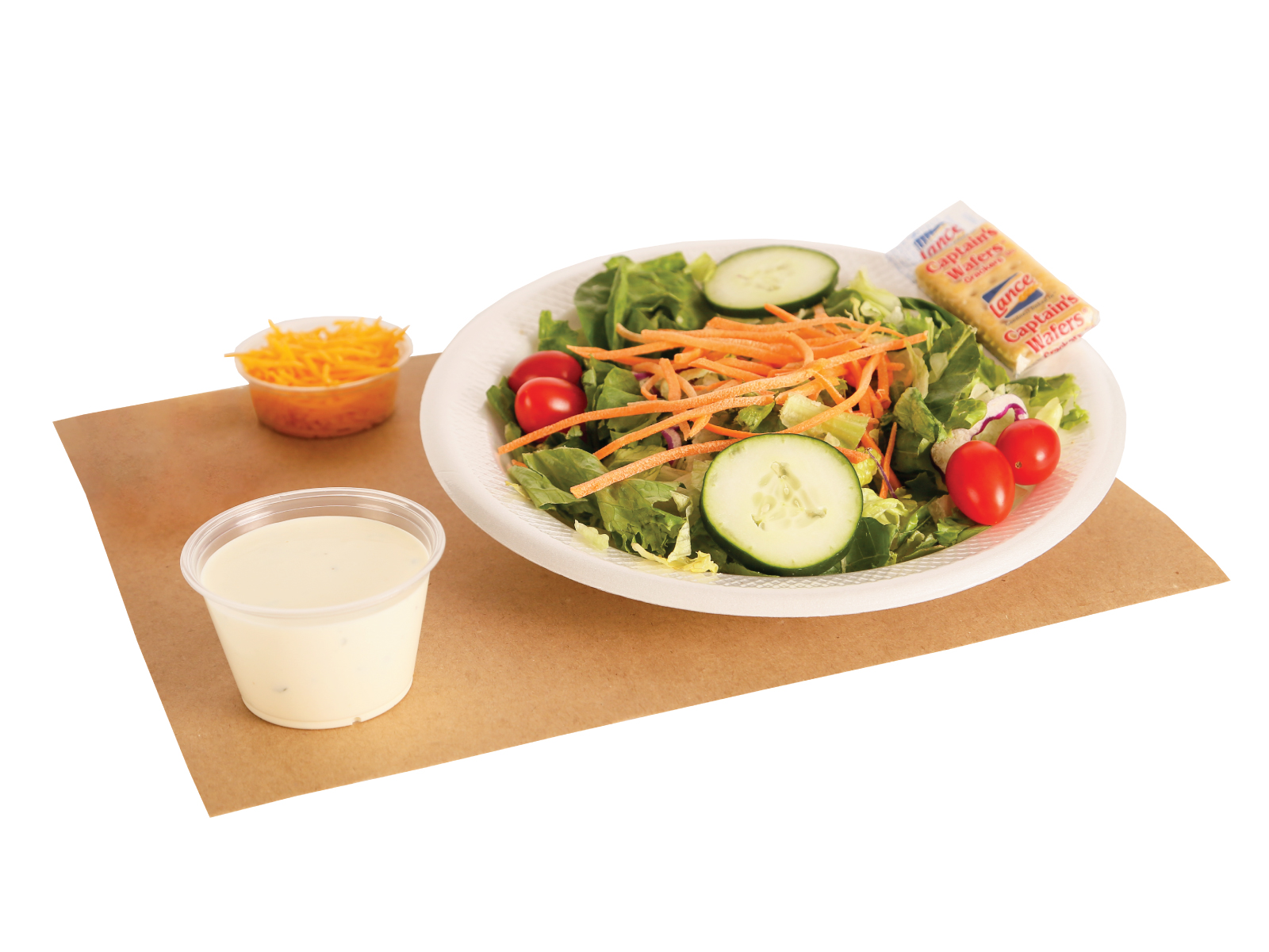 Salad Delite with turkey breast which includes, lettuce, tomatoes, crackers, cucumbers, cheese, and a ranch cup
