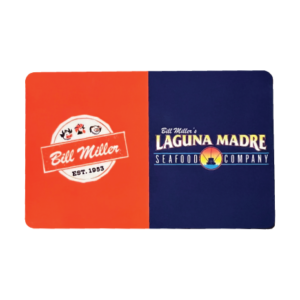 Co-branded gift card with Bill Miller logo on the left with an orange background and Laguna Madre logo on the right with a blue background.