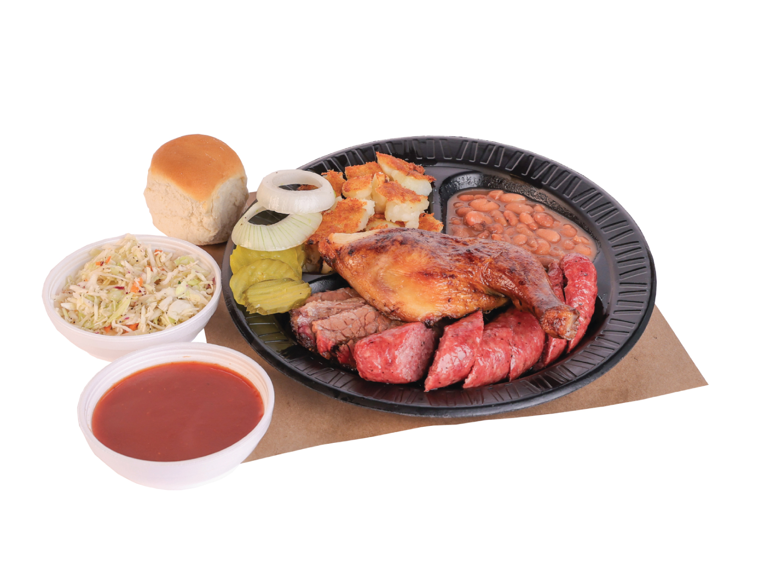 Rodeo plate three meats and three sides.