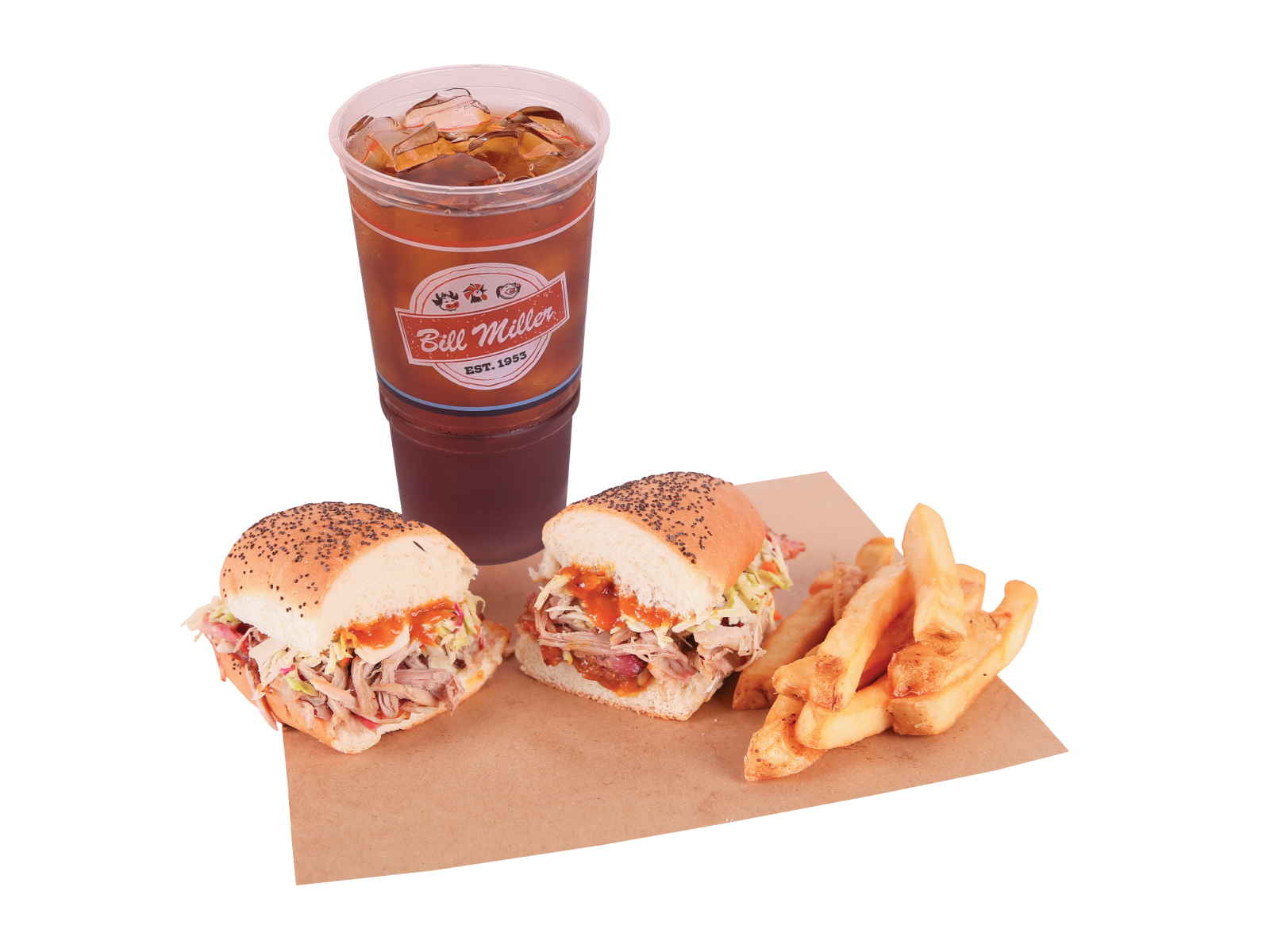 Image of a pulled pork sandwich combo with fries and a lg tea