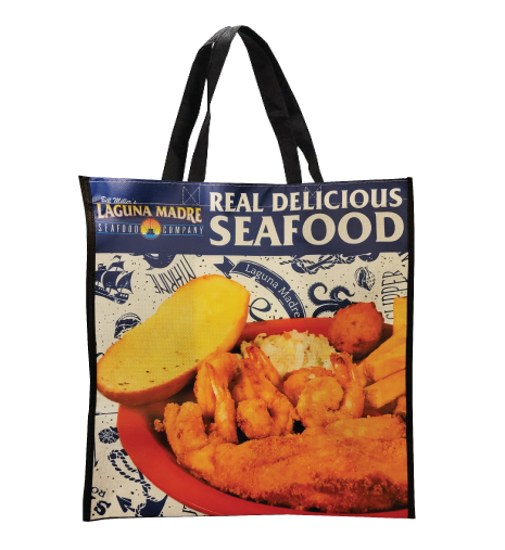 Laguna Madre logo. Real delicious seafood. Shopping bag includes a photo of a shrimp and cod plate with coleslaw, french fries, hush puppy, and garlic bread.