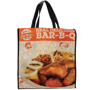 Bill Miller logo. Real delicious Bar-B-Q. Image includes rodeo plate with chicken, brisket, and sausage with pinto beans, hash browns, pickles, onions. Background image includes Bill Miller animals, horseshoes, and cowboy boot icons.