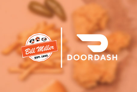 Bill Miller and DoorDash logo in front of fried chicken, french fries, and jalapenos. 