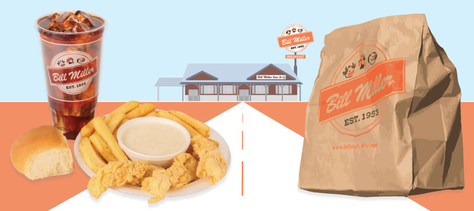 Bill Miller bag, 3 pc chicken tenders with french fries, gravy, a dinner roll, sweet tea, and a Bill Miller bag in front of Bill Miller Bar-B-Q location.