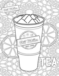 Bill Miller coloring page. Photo includes giant tea cup with lemons on the side.