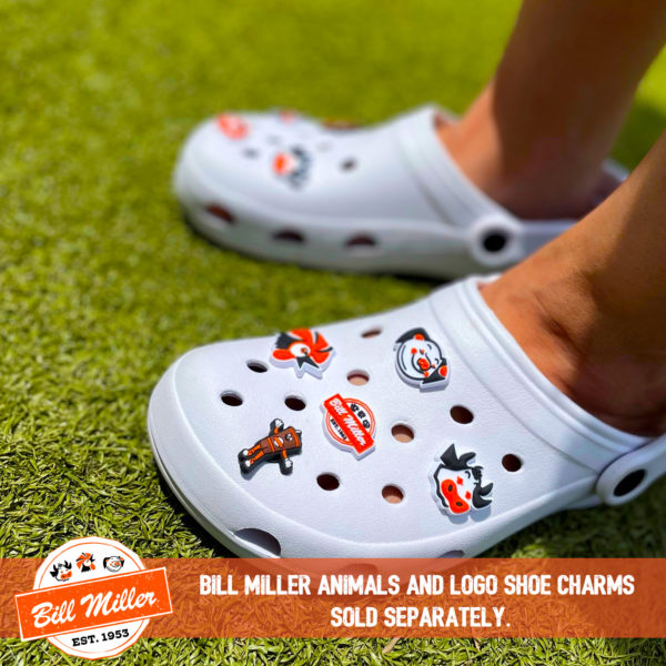 Photo of white shoes with Bill Miller Shoe charms - cow, Bill Miller logo, chicken, pig, and sweetie with Bill Miller logo on photo. Bill Miller animals and logo shoe charms sold separately