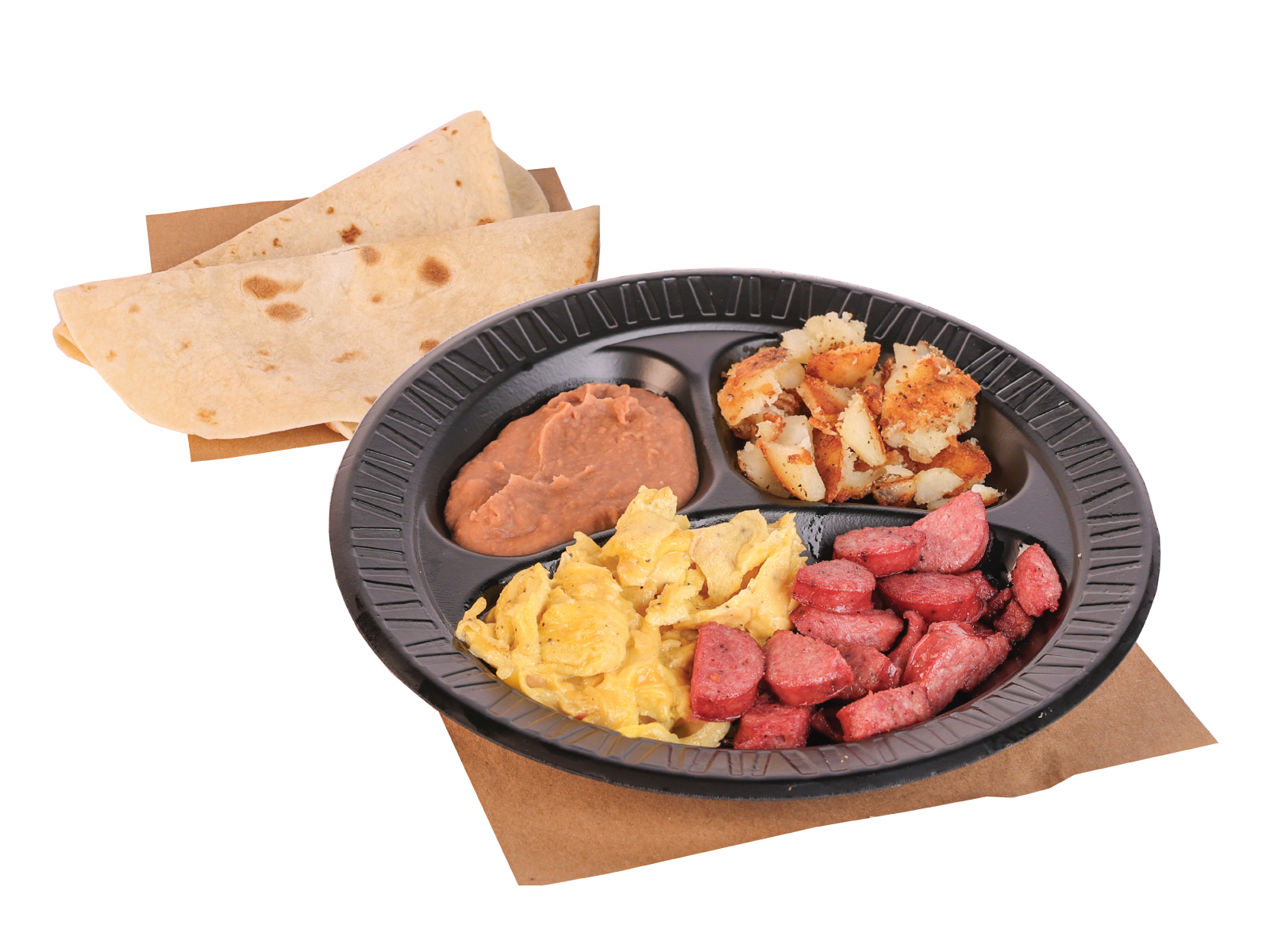 Bill Miller Breakfast with 2 tortillas, beans, hash browns, eggs, and sausage on a black plate on top of butcher paper