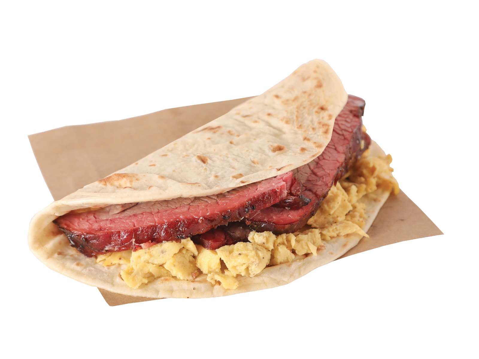 Brisket and Egg Taco on brown paper