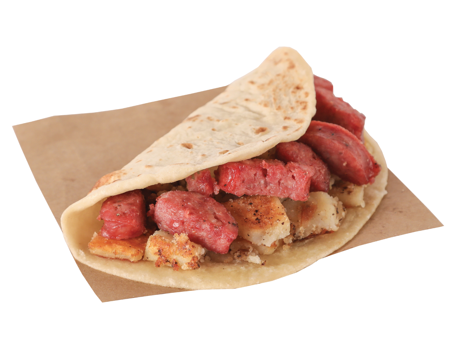 Sausage and Potato Taco on brown paper