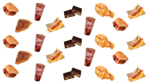 Bill Miller poor boy, pecan pie, iced tea, fudge brownies, fried chicken, and bacon and egg taco icons on a white background