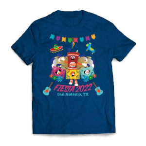 2022 Fiesta San Antonio T-Shirt featuring Bill Miller Sweetie, cow, chicken, and pig papel picado in front of the city of San Antonio skyline. Background includes piñatas, fiesta banners, and guitars.