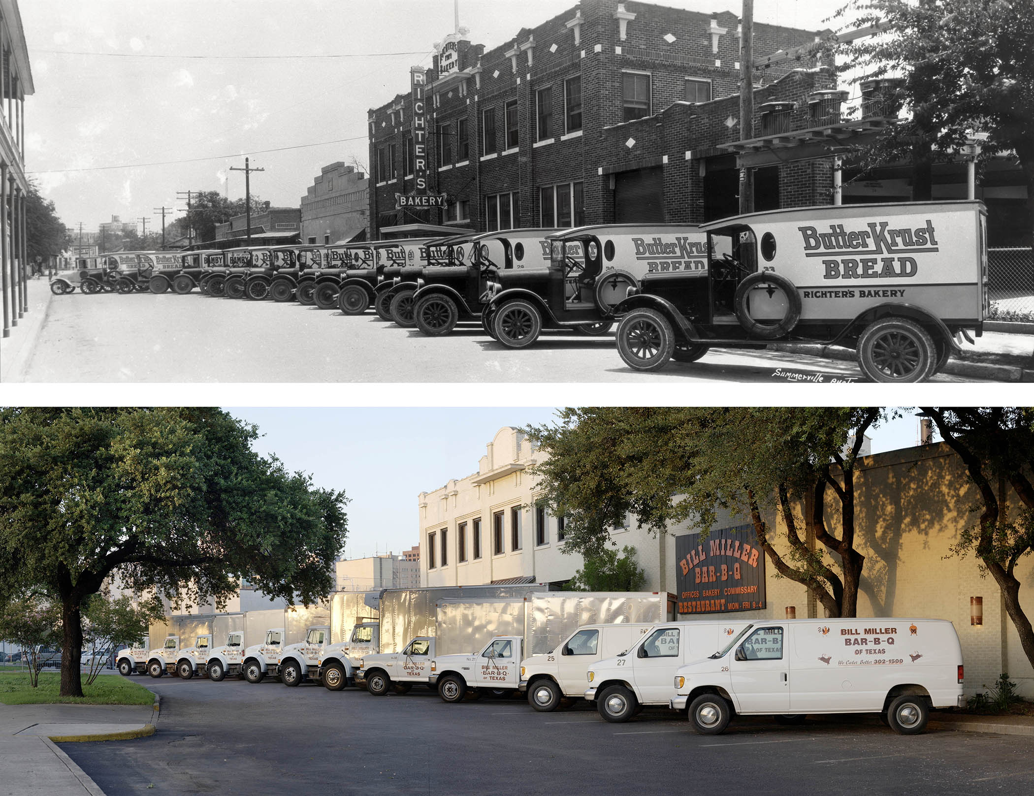 Butter Krust trucks lined in front of the building. Bottom image includes Bill Miller vans parked in front of the Bill Miller plant
