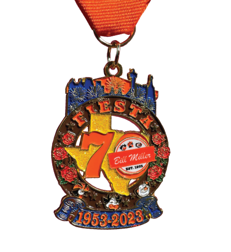 Bill Miller 70th Annivery Fiesta medal with Bill Miller 70th logo, the shape of Texas, Bill Miller animals, roses, stars, the San Antonio skyline, and fireworks.