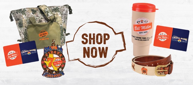 Image includes Shop Now Button icon, Camo Cooler, Two co branded gift cards with Bill Miller and Laguna Madre, a Bill Miller belt, 2023 Fiesta medal, and a 70th anniversary Texas Tea Bucket.