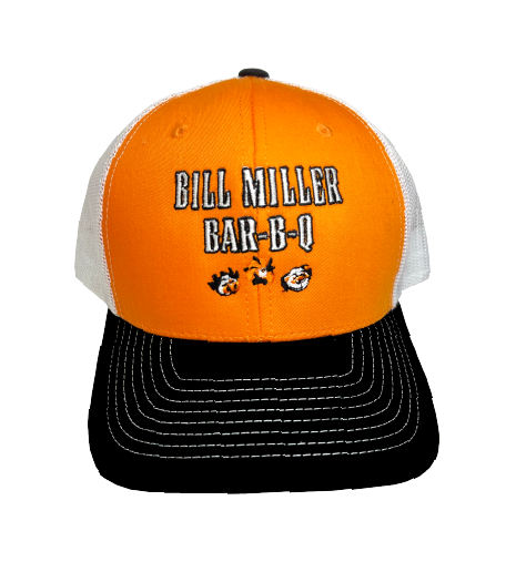 Orange Embroidered Bill Miller Bar-B-Q Trucker Hat with animals