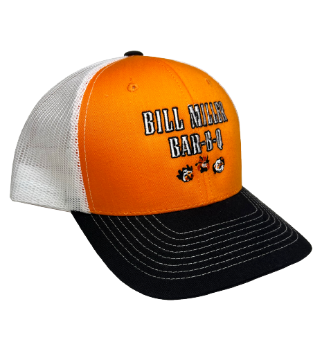 Orange Bill Miller Bar-B-Q Trucker Hat with animals side profile image