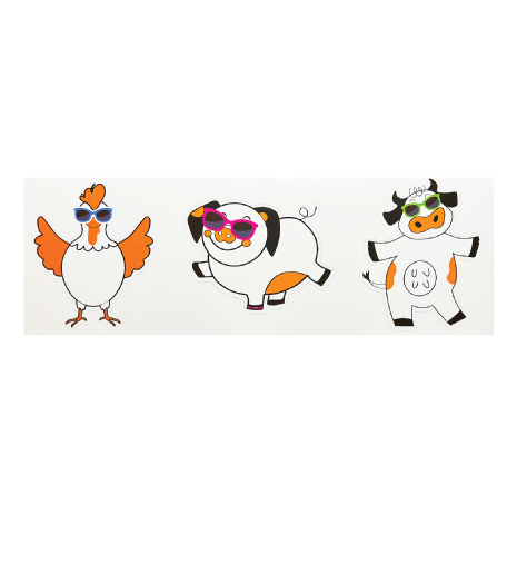 Bill Miller chicken, pig, and cow with sunglasses stickers