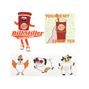 Bill Miller Stickers: Cow, Pig, Chicken, You are my sweet tea, and Bill Miller Sweetie's Crew