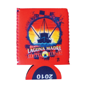 Laguna Madre Koozie with Laguna Madre logo and boat graphic at the bottom of the koozie is the year 2010.