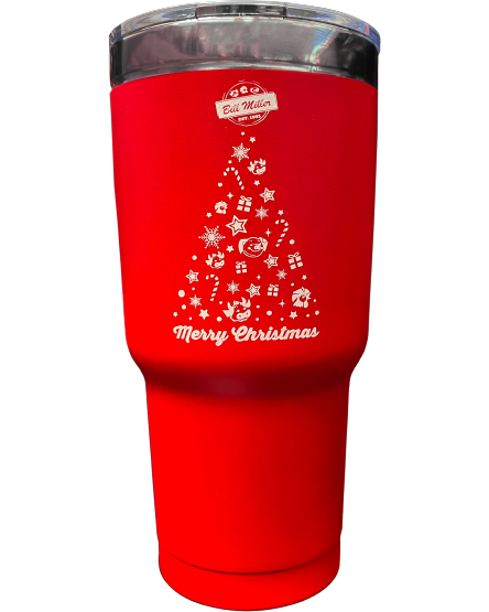 Red Christmas Tumbler with a Christmas Tree featuring ornaments and the Bill Miller animals